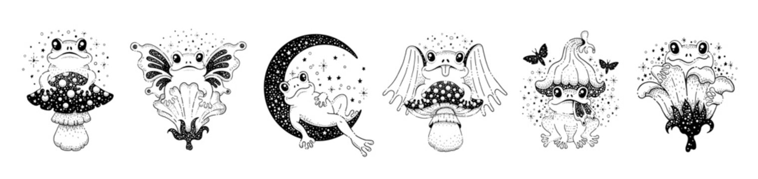 Tattoo graphics with cute frogs on mushroom, flower and moon. Vintage drawings of toads and frogs with bat and butterfly wings with celestial pattern. Magic animals, vector sketch illustration