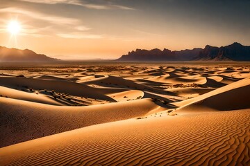 Fototapeta na wymiar A serene desert landscape with sand dunes stretching as far as the eye can see, illuminated by the last light of day
