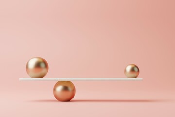 Small and big golden spheres balancing on minimalist style geometric scales against pastel pink background. Minimal Elegant illustration with copy space. Concept of harmony and balance. 3D rendering.