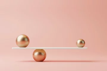 Tuinposter Small and big golden spheres balancing on minimalist style geometric scales against pastel pink background. Minimal Elegant illustration with copy space. Concept of harmony and balance. 3D rendering. © DezNook