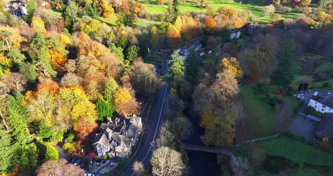 Bird's eye view over the countryside road of Rydal, in the lake district area of Cumbria. 