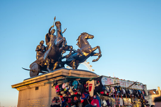 : The Boadicea and Her Daughters statue, located on the north side of Westminster Bridge in London, UK.