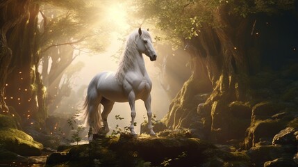 Fototapeta premium a breathtaking natural phenomenon where the amazing forest horse and the forest itself emit radiant energy.