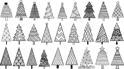 27 Christmas trees for coloring, engraving, t shirt design, laser cut and so on. Vector illustration.