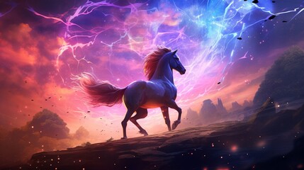 a cosmic phenomenon where the amazing forest horse gallops amidst swirling nebulae and celestial wonders. - obrazy, fototapety, plakaty