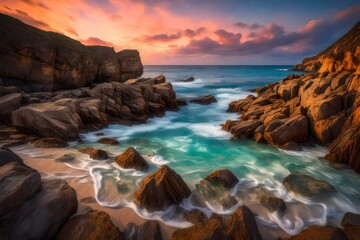 A hidden cove with rocky cliffs, the waves gently lapping against the shore, under the canvas of a vibrant evening sky