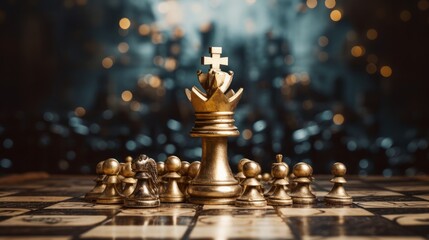 A portrayal of a chess king in its final stance as the ultimate victor. This concept represents the significance of strategic games and financial success. Ample copy space provided
