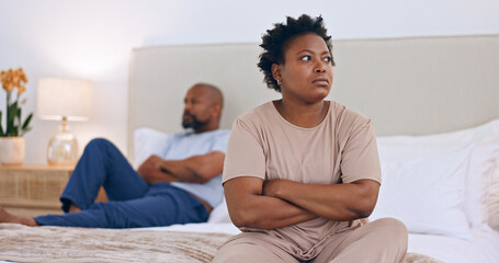 Frustrated black couple, ignore and bed in divorce, fight or conflict for argument or disagreement...