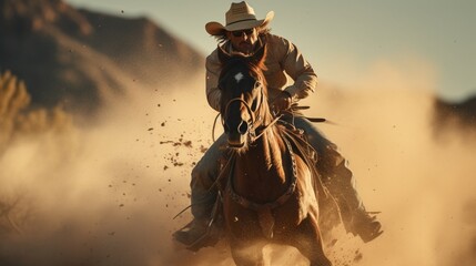A cowboy's extraordinary horsemanship is on display as he guides his horse through an adrenaline-pumping routine. - obrazy, fototapety, plakaty
