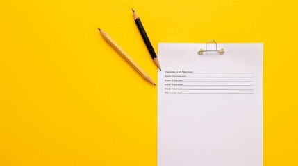Preparing for an exam with a test paper placed on a yellow surface, top view with ample space for copy - obrazy, fototapety, plakaty