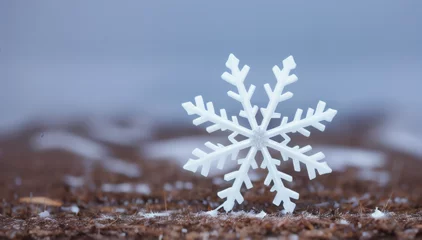 Foto op Plexiglas Schneeflocke die zu Boden gefallen ist . Nahaufnahme mit verschwommenem Hintergrund . KI Generated © Ano