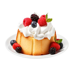 a plate of pound cake with berries and whip cream isolated on transparent background,transparency 