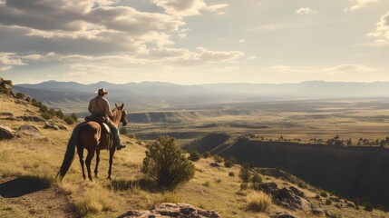 A cowboy's incredible mastery of horse riding is on full display as he gracefully navigates challenging terrain. - obrazy, fototapety, plakaty