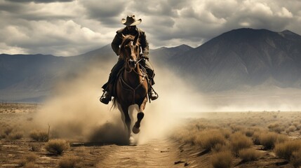 A cowboy's incredible mastery of horse riding is on full display as he gracefully navigates challenging terrain. - obrazy, fototapety, plakaty