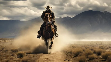 Fotobehang A cowboy's incredible mastery of horse riding is on full display as he gracefully navigates challenging terrain. © Muzamil
