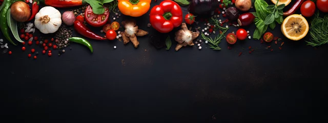 Fotobehang Food background at black kitchen table, Ingredients for cooking, vegetarian food. Long banner format. © Karol