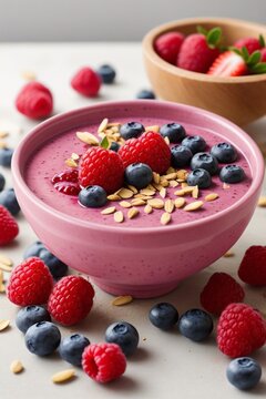 Yogurt with berries and cereal on white background. 