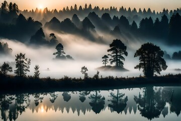 A mysterious fog covering a tranquil lake, with silhouettes of trees emerging from the ethereal mist in the evening light