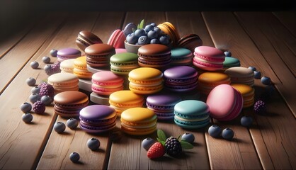 Assortiment coloré de macarons : rouge, vert, bleu, jaune, brun et orange. Des desserts sucrés au...