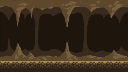 Pixel art game background, underground cave with stalactites and stalagmites. Vector 8-bit retro video game seamless cavern background. - obrazy, fototapety, plakaty