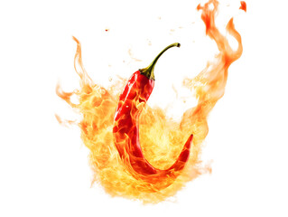 The concept of hot and spicy food captured by red chili peppers ablaze with orange and yellow fire - obrazy, fototapety, plakaty