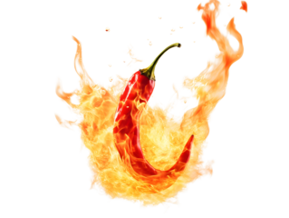 The concept of hot and spicy food captured by red chili peppers ablaze with orange and yellow fire