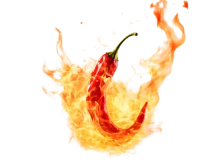 Foto op Aluminium The concept of hot and spicy food captured by red chili peppers ablaze with orange and yellow fire © mashimara