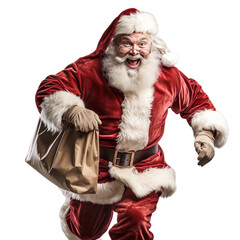 Santa Claus Running With a brown paper bag Of Gifts isolated on transparent background.