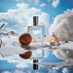 product perfume with coconut and paradise background white shades created with Generative Ai