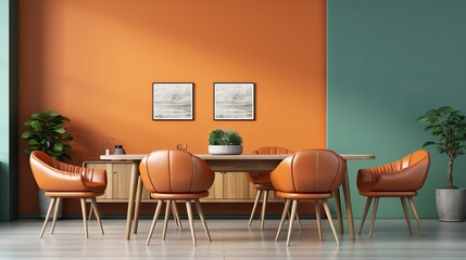 Vibrant Orange Chairs Pop Against Green Walls in a Modern Dining Room, generative ai