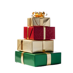 A festive pile of Christmas presents wrapped in sparkling paper, with ribbons and bows, evoking the...