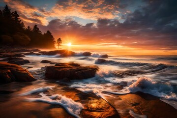Waves gently lapping against the shore as the sun sets, casting a radiant glow over the water and transforming the scene into a masterpiece