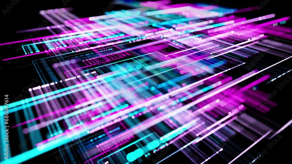 Poster info concept. vj loop hologram abstract background with light grid, neon lines and dots, sci fi them