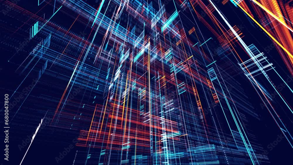 Poster vj loop abstract sci-fi bg glow blue red particles form lines. hi-tech info technology. lines form h