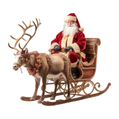 Fotobehang Santa claus sitting on Christmas Santa sleigh with reindeer isolated on transparent background. © PixelXpert