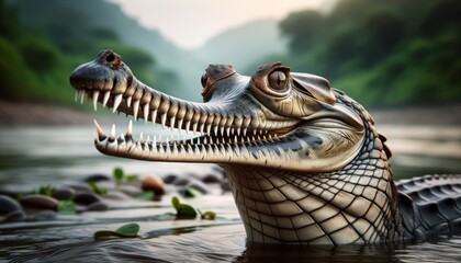 Fototapeta premium Close-up photograph of a Gharial (Gavialis gangeticus) on an Indian riverbank, featuring elongated snout and sharp teeth. 