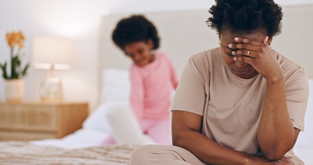 Frustrated mother, headache or child on bed in stress, anxiety or mental health at home. Tired...