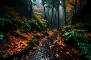 A winding mountain trail embraced by the beauty of rain, where raindrops hang delicately from...