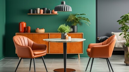 Vibrant Orange Chairs Pop Against Green Walls in a Modern Dining Room, generative ai