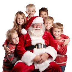 Santa claus standing in center with bunch of kids isolated on transparent background.