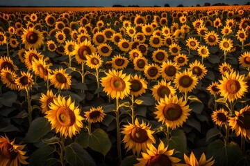 A vast field of sunflowers, their golden petals reflecting the last rays of the evening sun, creating a sea of warmth