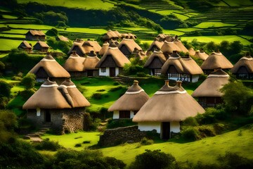 A cluster of traditional cottages with thatched roofs, nestled against a backdrop of emerald-green hills and a clear blue sky.
