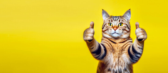 Portrait of a beautiful happy cat holding two thumbs up as a sign of excellent work or pointing a finger at the camera on an isolated yellow banner background. Generative AI. - obrazy, fototapety, plakaty