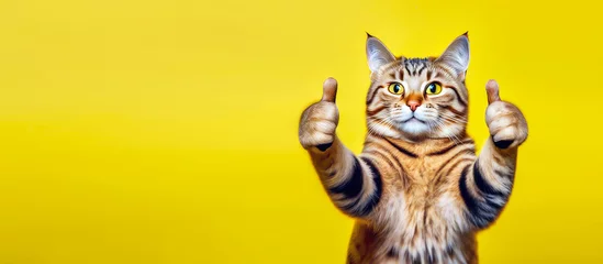 Fotobehang Portrait of a beautiful happy cat holding two thumbs up as a sign of excellent work or pointing a finger at the camera on an isolated yellow banner background. Generative AI. © Нина Башарова