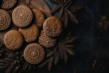 Gingerbread cookies with on a dark brown background with fir tree branch.