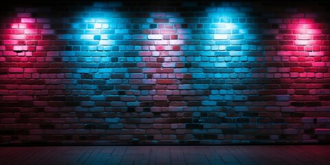 Urban Nightscape: A Row of Neon Lights Against a Weathered Brick Wall, generative ai