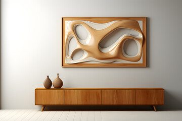 A horizontal decorative wooden art frame on a wall mock-up with wooden relief