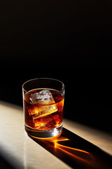 Old Fashioned cocktail on the table with hard shadow and reflection, contemporary minimalist style , copy space