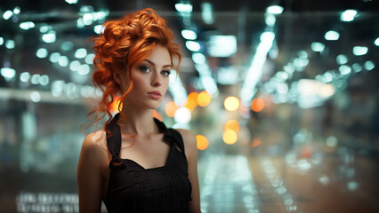 Fashion Model Frau mit roten Haaren im extravaganten ausgefallenen designer schwarzen Abendkleid und Bokeh Lichter im Hintergrund, ai generativ