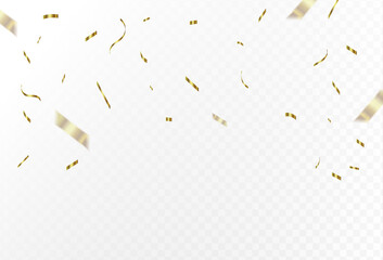 Confetti explosion on transparent background. Shiny golden paper pieces flying and spreading. small and big ribbons. curved. transparent. vector illustration - obrazy, fototapety, plakaty